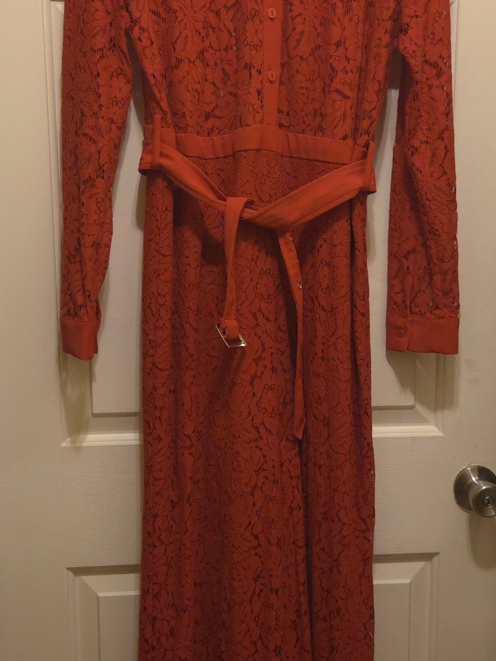 Long-Sleeve Red Lace Belted Maxi Dress